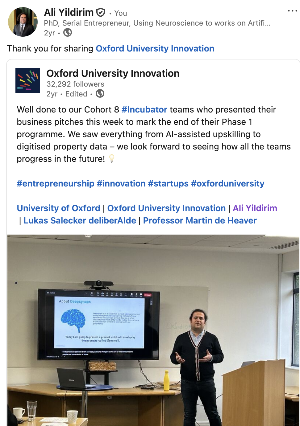 Oxford University Innovation paylaşımındaki DeepSynaps ve SyncWell sunumu.